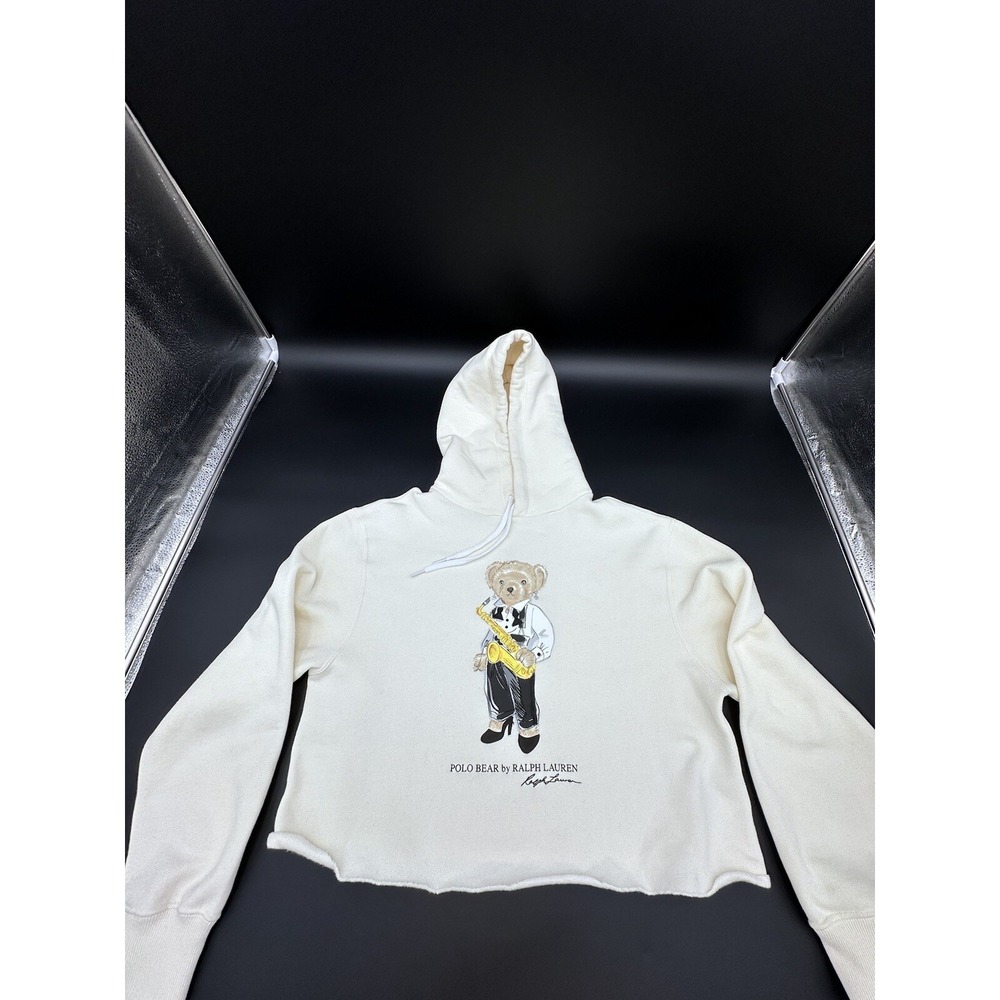 Polo Bear Ralph Lauren Hoodie Womens Size XS Cream White Cutoff Jazz Sax‎ Cotton